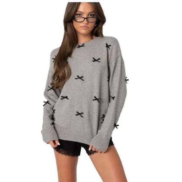 Edikted Sweaters - Edikted Women's Gray Satin Bow Oversized Sweater XS NWT